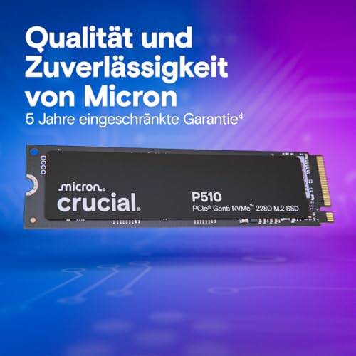 Crucial P510 SSD 1TB M.2 NVMe PCIe 5.0 x4 Gen5, bis zu 11.000 MB/s Lesen, 9.500 MB/s Schreiben, für Laptop und Desktop PC, TLC NAND, Interne Festplatte - CT1000P510SSD8-01