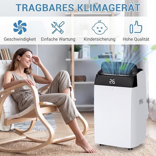 Thaookte Klimaanlage mobil 10000 BTU, 4-in-1: Kühlen, Entfeuchten, Ventilator & Nachtabsenkung, Energieklasse A++, R290, Fernbedienung, geräuscharm, ideal für Wohnzimmer, Schlafzimmer & Büro bis 45 m²
