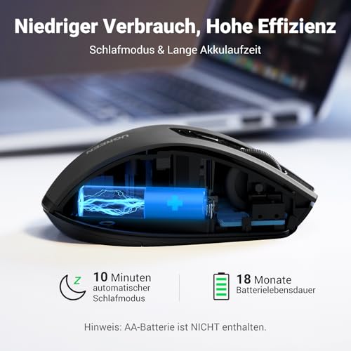 UGREEN 2.4G Maus kabellos mit 4000 DPI Wireless Mouse mit USB Empfänger | Ergonomisches Design, 18 Monate Akkulaufzeit, Funkmaus kompatibel mit Laptop Computer (Schwarz)