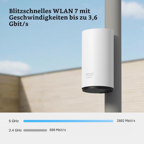 TP-Link Deco BE25-Outdoor Wi-Fi 7 Router | Dualband-WLAN bis zu 2.882 Mbit/s (5 GHz) + 688 Mbit/s (2,4 GHz) | 2× 2,5-Gbit/s-Ports | 802.3at PoE/AC-Stromversorgung | ideal für Garten und Terrasse
