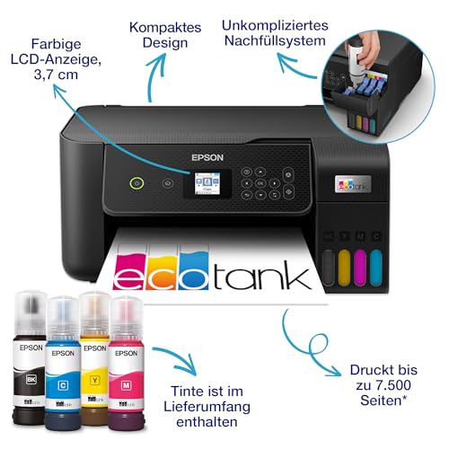 Epson EcoTank ET-2820 A4-Multifunktions-Wi-Fi-Tintentankdrucker, mit einem im Lieferumfang enthaltenen Vorrat an Tinten bis zu 3 Jahren