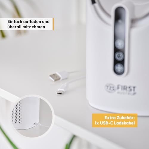 TZS First Austria - Akku Tischventilator - 5W - 3 Stufen & Timer - Leiser Turboloser Ventilator mit 7-Farben Nachtlicht & USB-C - Touch-Bedienung - Weiß