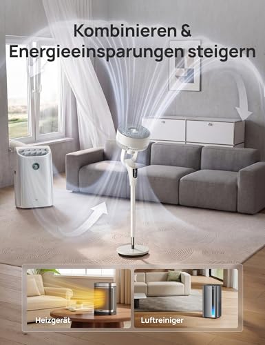 DREO Leiser Standventilator für Schlafzimmer [Verbessert], 27m Luftstrom, Leise, 90° Oszillierend, DC-Motor, 8 Geschwindigkeiten, 3 Modi, 96–106cm Höhenverstellbar, 8H Timer, 105° Manuell Neigbar
