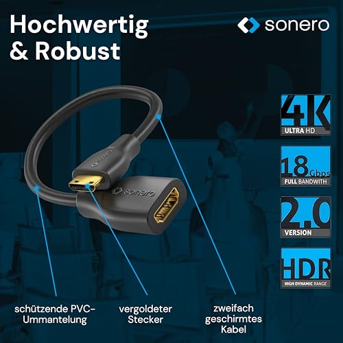 Sonero Mini HDMI auf HDMI Adapter, 4K Portsaver, C Stecker A Buchse, 0,15 m | Premium High Speed Adapter mit zweifacher Abschirmung und PVC-Mantel für stabile Bild- und Tonübertragung