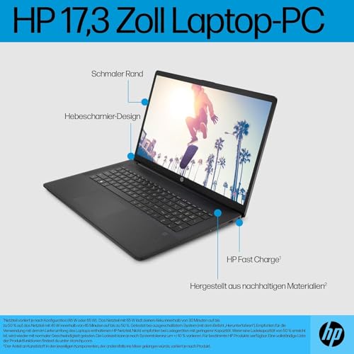 HP Laptop mit 17,3" HD+ Display, Intel Celeron N4120, 8 GB DDR4 RAM, 256 GB SSD, Intel UHD-Grafik, Windows 11, QWERTZ Tastatur, Schwarz
