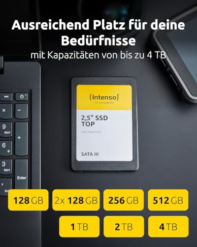 Intenso Top Interne 2,5" SSD SATA III, 256 GB, Schwarz | Schnelle 6 Gbps Schnittstelle mit 520 MB/s Lesegeschwindigkeit, stoßfest, lautlos und ideal für Laptops