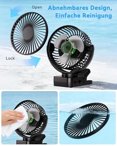 ArsMotin USB Tischventilator Leise mit 12000mAh Akku, Clip Camping Ventilator mit Fernbedienung, Mini Akku Ventilator mit Licht & Timer, 360° Drehbar, 3 Windstufen, Max 44Std Laufzeit für Camping