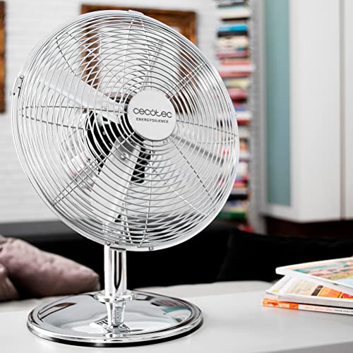 Cecotec Tischventilator EnergySilence 620 RetroDesk, 40 W | 30 cm Durchmesser, 4 Aerodynamikflügel, 3 Geschwindigkeiten, Oszillation, Chrom-Design
