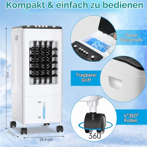 Mobile Klimaanlage ohne Abluftschlauch, 4-in-1 Luftkühler mit 6L Wassertank & 3 Kühlakkus, leiser Ventilator mit 35dB, energiesparendes Klimagerät für Zuhause, Büro, Schlafzimmer & Haustiere