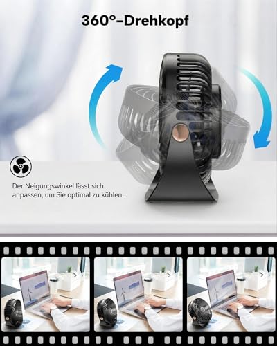 Tischventilator Klein,26dB Leiser Wiederaufladbarer USB Ventilator,5 Geschwindigkeiten,3000mAh Akku,360° Verstellbar,Turbinenlüfter mit Starkem Luftstrom für Zuhause Büro Reisen Camping (schwarz)