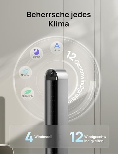DREO Smart Turmventilator Sehr Leise, 120° Oszillierender Ventilator mit Kühlung, 25dB Standventilator mit Fernbedienung für Schlafzimmer, 12 Geschwindigkeiten, 4 Modi, 12-Stund-Timer, Pilot Max S