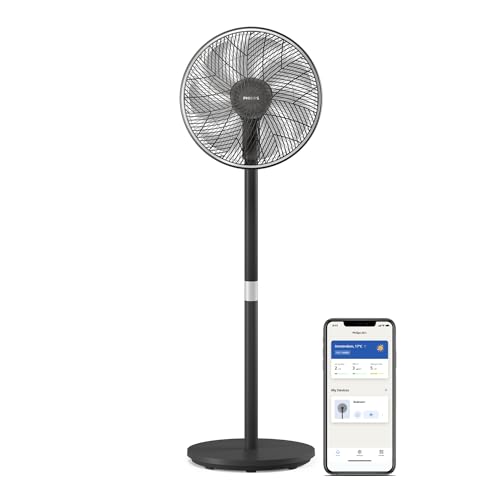 PHILIPS Standventilator Smart 3000 Serie, Schwarz, 2.562 m³/h Airflow | 125 cm, SilentWings-Techn. mit 19-46 dB(A), App, Timer, Neigung 30°, Oszillation 90°, gleichmäßige Luftumwälzung (CX3550/01)