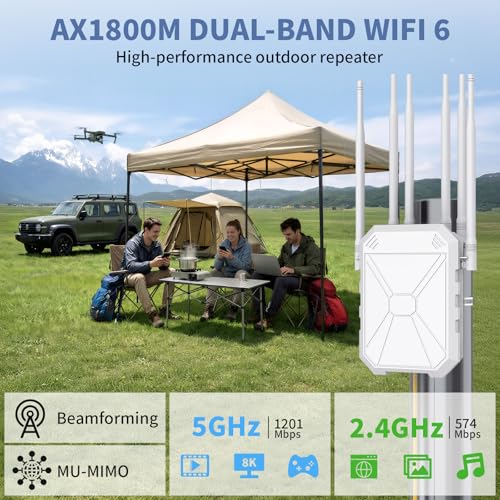 AX1800 Outdoor WLAN Repeater WiFi 6, Gigabit Dualband 2,4 GHz & 5 GHz WLAN Access Point, PoE/DC betrieben, AP/Router/Repeater Modus, IP65 Wasserdichter WLAN Verstärker für Garten Garage Hof Terrasse
