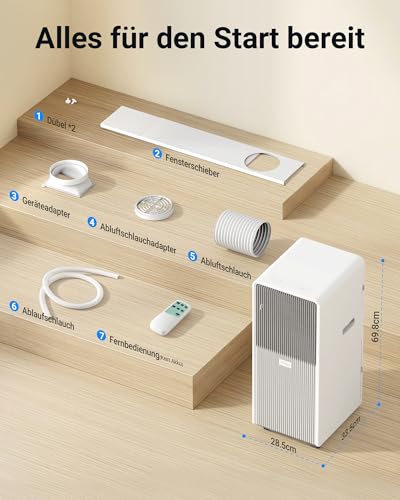 KresicoKlima Mobile Klimaanlage 9000 BTU, Klimaanlage mobil mit Abluftschlauch, Mobiles Klimagerät mit Abluftschlauch für Räume bis zu 33m²/90m³, Klimagerät mit Timer, R290, weiß