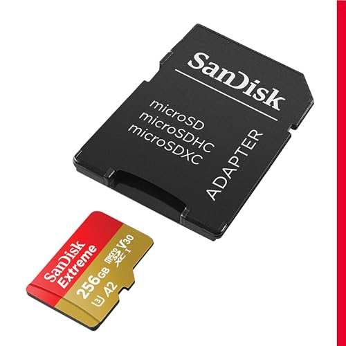 SANDISK 256GB Extreme microSDXC Karte + Adapter, bis zu 190MB/s Lesen | UHS-I, V30, 5K & 4K UHD, U3, C10, A2, bis zu 130MB/s Schreiben, Ideal für Actionkameras+Drohnen, Android, Konsolen