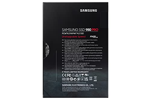 Samsung 980 PRO NVMe M.2 SSD, 1 TB, PCIe 4.0, 7.000 MB/s Lesen, 5.000 MB/s Schreiben, Interne SSD für Gaming und Videobearbeitung, MZ-V8P1T0BW