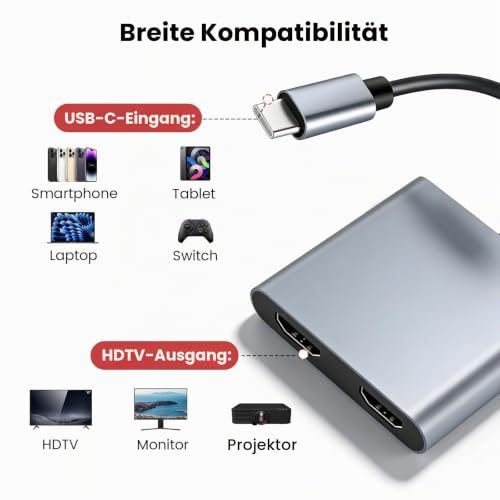USB-C auf Dual HDMI Adapter für 2 Monitore, HDMI Splitter mit Erweiterter Anzeige, Type-C Digital AV Multiport Adapter, 4K@60Hz Video, kompatibel mit iPhone, iPad, MacBook, HD-Fernseher, Monitor, Beam