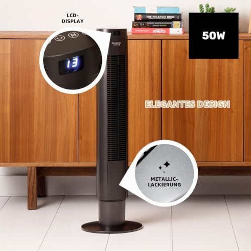 Taurus Babel RCH Turmventilator, 50 W, Höhe 86 cm, 4 Geschwindigkeiten, 3 Modi Normal/Brise/Nacht, Timer 9 h, Auto-Off, Oszillierend, Fernbedienung, Touchscreen, Grau