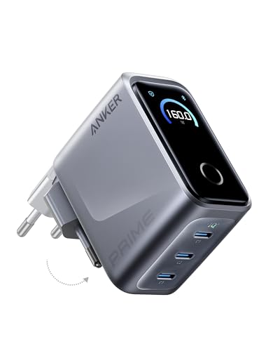 Anker Prime 160W USB C Ladegerät, 3 Ports kompakter GaN USB-C Ladeblock | Smart Display, 140W Max. pro Port, ultra-schnell mit Touch-Steuerung für Laptop, MacBook, iPhone 17/16/15 Serie, Galaxy