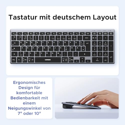 UGREEN Bluetooth Tastatur Kabellos Tastatur (BT5.4+2.4G) | Ultra Slim Scherentastatur, Wiederaufladbares Keyboard mit 3 Kanälen, Kompatibel mit Windows/macOS/Android-QWERTZ Layout