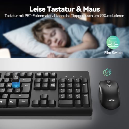 TECKNET Tastatur Maus Set Kabellos,2.4GHz USB Tastatur und Maus Kabellos | QWERTZ Layout,Spritzwassergeschützt,Funktastatur mit Maus,Vollformat,Energieeffizientes Design,Plug & Play für Laptop/PC/Mac