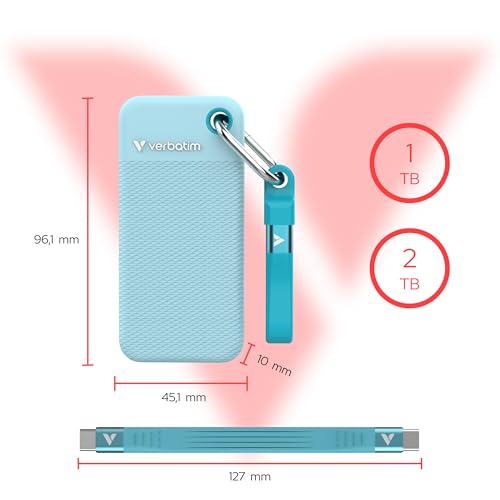 Verbatim Pocket SSD 1TB USB 3.2 Gen2 Externe SSD 1000MB/s Polar Blau | Bis zu 1000 MB/s Lesen & Schreiben, Externe Festplatte inkl. 2 Gummihüllen (Schwarz & Polar Blau), für PC, Mac & Konsole