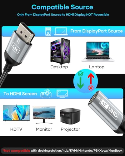 Nersligek 4K DisplayPort auf HDMI Adapter, Unidirektional DP (Display Port) Stecker auf HDMI Buchse Konverter Kompatibel mit Lenovo, HP, Dell, AMD, NVIDIA, Mehr Passiv