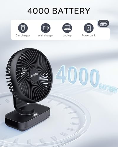 EasyAcc Tischventilator, 4000 Akku Automatischer Oszillierender Kleiner USB Ventilator, Tragbarer Aufladbar Basis Ventilatoren mit 4 Geschwindigkeiten für Camp,Büro, Bibliothek und Zuhause - Schwarz