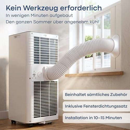 Aironex Mobiles Klimagerät 7000 BTU – Klimaanlage Weiß – Klimagerät mit Fensterabdichtung – Leise Klimaanlage mit Fernbedienung – Mobiles Klimagerät für Schlafzimmer, Wohnzimmer und Büro