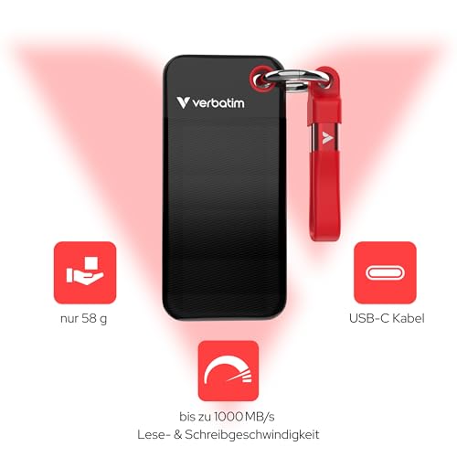 Verbatim Pocket SSD 1TB Externe SSD USB 3.2 Gen2 1000MB/s Schwarz Rot | Externe Festplatte bis 1000MB/s lesen & schreiben, USB-C Kabel und Schutzhülle für PC, Mac, Konsole und Smartphone