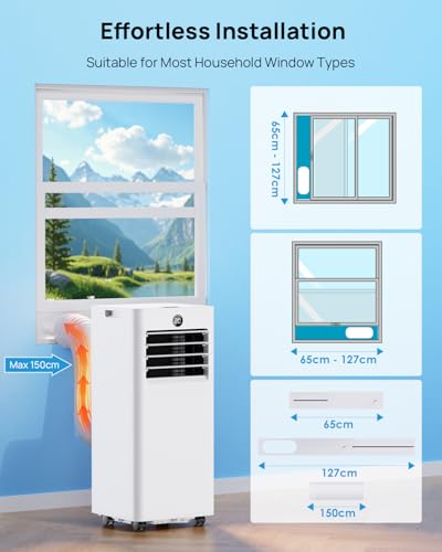 Klimaanlage Mobil 9000 BTU, Mobiles Klimagerät mit Abluftschlauch, Kühl-/Ventilations-/ Entfeuchtungs-/Schlafmodus 4-in-1, Digitalanzeige & Fernbedienung, 24H Timer, 360° Rollen, Inklusive Fensterset