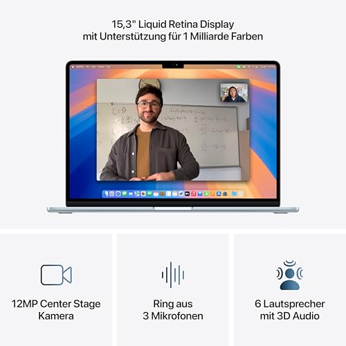 Apple MacBook Air (15", Apple M4 Chip mit 10‑Core CPU und 10‑Core GPU, 16GB Gemeinsamer Arbeitsspeicher, 512 GB) - Himmelblau