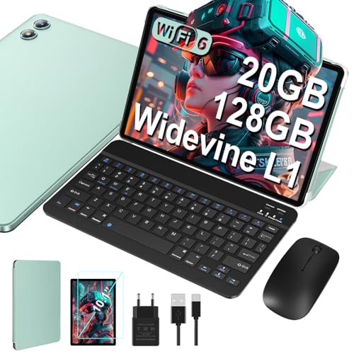 JUEDUR Android Tablet 10 Zoll, 20GB RAM+128GB ROM(1TB TF), 5G+2.4G WiFi 6, Octa-Core 1.8 GHz, Widevine L1, 1280 * 800, 6000mAh, 5MP+8MP, BT5.0, Mit Tastatur und Maus - Creek Grün