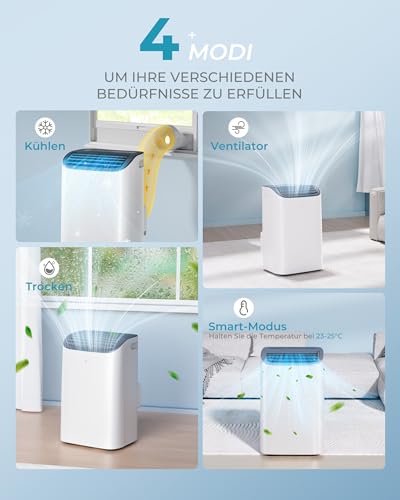 EUHOMY Mobile Klimaanlage 12000 BTU mit Abluftschlauch | 3-in-1 Mobiles Klimagerät: Kühlen, Entfeuchten, Ventilieren | 4-Stufen-Lüfter | 410 m³/h | Energieeffizienzklasse A | <50 dB | 24h-Timer