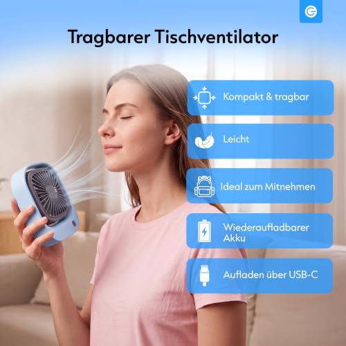 Silvergear® Tragbarer Tischventilator | USB-C Aufladung | 3 Geschwindigkeiten | 600 mAh Akku | Für Büro & unterwegs | Blau