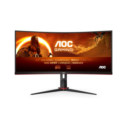 AOC CU34G2XPD/BK 34 Zoll Curved, UW-QHD USB Hub Gaming Monitor, 180Hz, Fast VA Panel, 1ms GtG, HDR400, FreeSync Premium, Höhenverstellung,(3440x1440 HDMI 2X 2.0 DP 2X 1.4) Schwarz/Rot