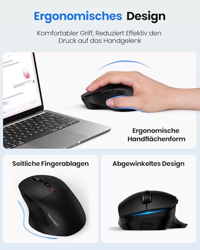 TECKNET Bluetooth Maus Wiederaufladbar, Tri-Modi (2BT+USB) Maus Kabellos | Ergo Daumenauflage, 4800 DPI/6 Tasten, Leise Computer Funkmaus für Laptop, PC, Mac OS, Android, Windows