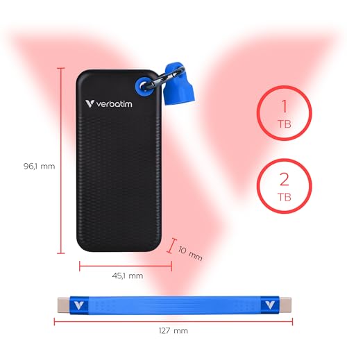 Verbatim Pocket SSD 1TB Externe SSD USB 3.2 Gen2 1000MB/s Schwarz Grau | Externe Festplatte bis 1000MB/s lesen & schreiben, USB-C Kabel und Schutzhülle für PC, Mac, Konsole, Smartphone