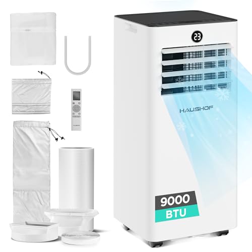 HAUSHOF Mobile Klimaanlage 9000 BTU, 4-in-1 Klimagerät mit Abluftschlauch & Isolierhülle, Kühlen/Entfeuchten/Ventilieren/Nachtmodus, 330 m³/h, mit Fensterdichtungsset, für Räume bis 30 m²