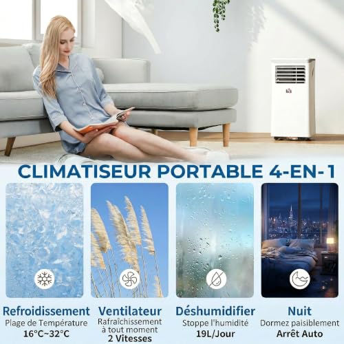 HOMCOM Mobile Klimaanlage 10000 BTU, tragbare Klimaanlage 4 in 1 Kühlung, Luftentfeuchter, Ventilator, Nachtmodus, WiFi, App & Sprache, Fernbedienung, 24H Timer, 2 Geschwindigkeiten, 30m², Klasse A