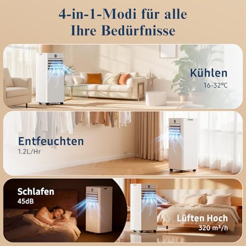 Klimaanlage Mobil 9000 BTU,4-in-1 - LED Display&Fernbedienung,leise mobile klimaanlage mit einem Fenstermontagesatz,klimagerät mit abluftschlauch,Raumgröße bis 88m³(33㎡) Tragbare