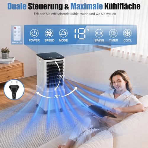 Klimaanlage Mobil, 14L 60W Klimaanlage ohne Abluftschlauch mit 12H Timer, 3 Modus, 40dB, 120°Oszillation, Abnehmbare Wassertank, Fernbedienung, Leise Klimagerät Air Conditioner für Wohnung Zimmer