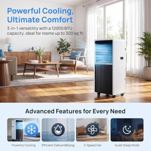 HURUMA 14000 BTU Mobile Klimagerät Nur Kühlung, 220-240V 50Hz Standgerät mit Intelligentem Kompressor, Abluftschlauch Fensterset, Rollen für Räume, A+hot & Cold 12000 Btu, A+Hot & Cold 12000 BTU