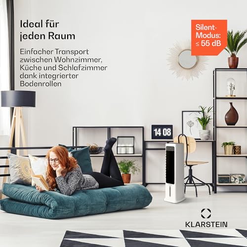 Klarstein Skytower 360° Smart Luftkühler Mit Wasserkühlung – 4-in-1 Air Cooler, Wi-Fi & App-Steuerung, 280 m³/h Luftstrom, 6L Tank, Ionisator, Timer, Oszillation, Ideal Für Sommer & Winter, Weiß
