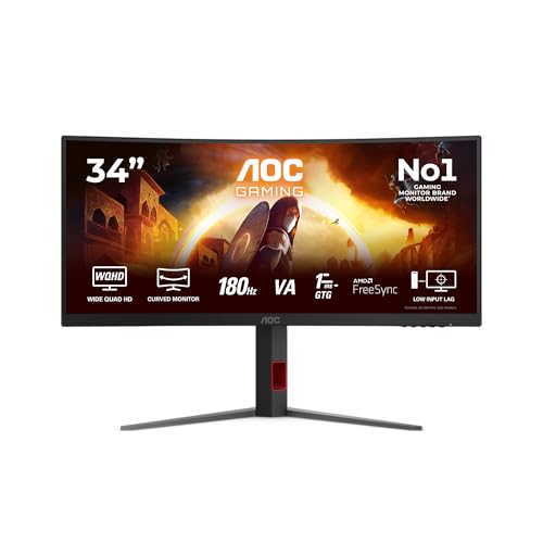 AOC CU34G4 34 Zoll Curved, UW-QHD Gaming Monitor, 180Hz, Fast VA Panel, 1ms GtG, HDR10, FreeSync Premium, Höhenverstellung,(3440x1440 HDMI 2X 2.0 DP 1x 1.4) Schwarz