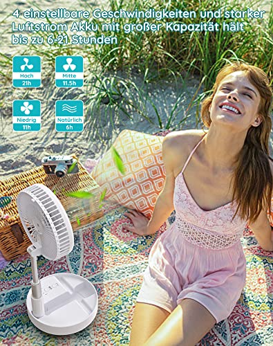 Primevolve 8" Oszillierender Tisch-und Standventilator mit Fernbedienung, Tragbarer Faltbarer Travel Fan für Outdoor Reise Camping, 7200mAh Akku Batterie Ventilator Leise für Schlafzimmer Büro (Weiß)
