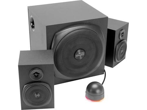Speedlink Gravity LT PC Lautsprecher 2.1 Soundsystem Bluetooth - mit Subwoofer aus Holz, Aktiv Lautsprechersystem 80 Watt, 3,5mm Klinke AUX, RGB-Tischfernbedienung, schwarz