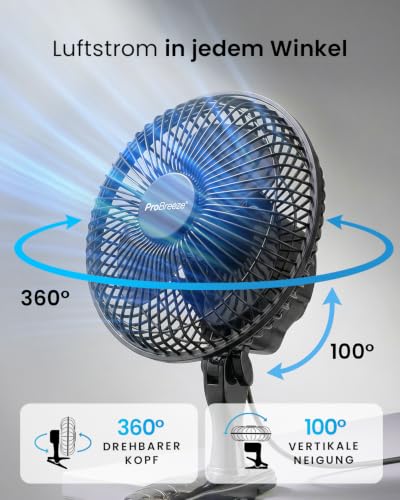 Pro Breeze Mini Ventilator mit Clip, 15 cm Durchmesser, 2 Geschwindigkeitsstufen, stabiler Clip - Ventilator leise, ideal als Tischventilator am Schreibtisch, für Growbox, Zuhause im Schlafzimmer