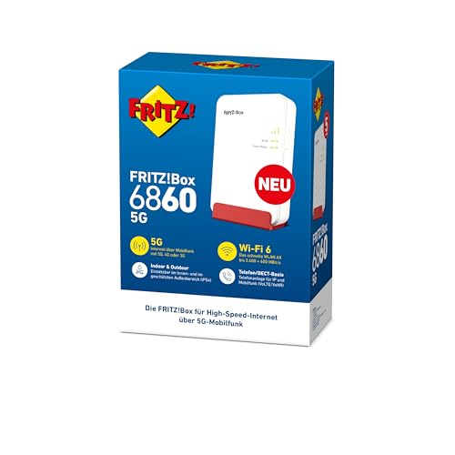 FRITZ!Box 6860 5G (Mobilfunk-Router mit bis zu 1.300 MBit/s in 5G/LTE, Wi-Fi 6 mit bis zu 3.000 MBit/s, Power over Ethernet (PoE+), staub- und spritzwassergeschütztes Gehäuse, internationale Version)
