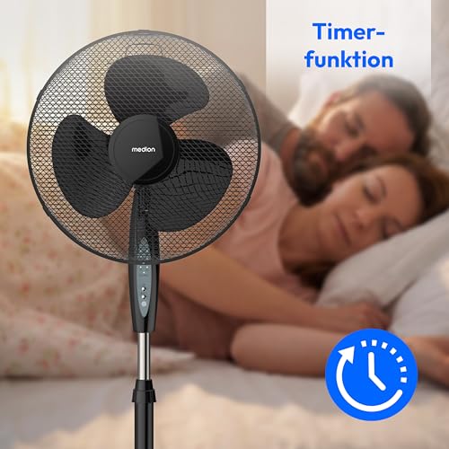 MEDION Standventilator mit Fernbedienung, drei Geschwindigkeitsstufen, 45 Watt Leistung, 36 cm, Schwenkfunktion, Oszillation, verstellbare Höhe, MD18795, schwarz